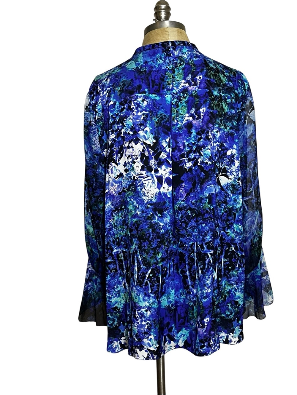 Elie Tahari 100% Silk Blue Watercolor Floral Abstract Bell Sleeve Blouse XL - Picture 3 of 11